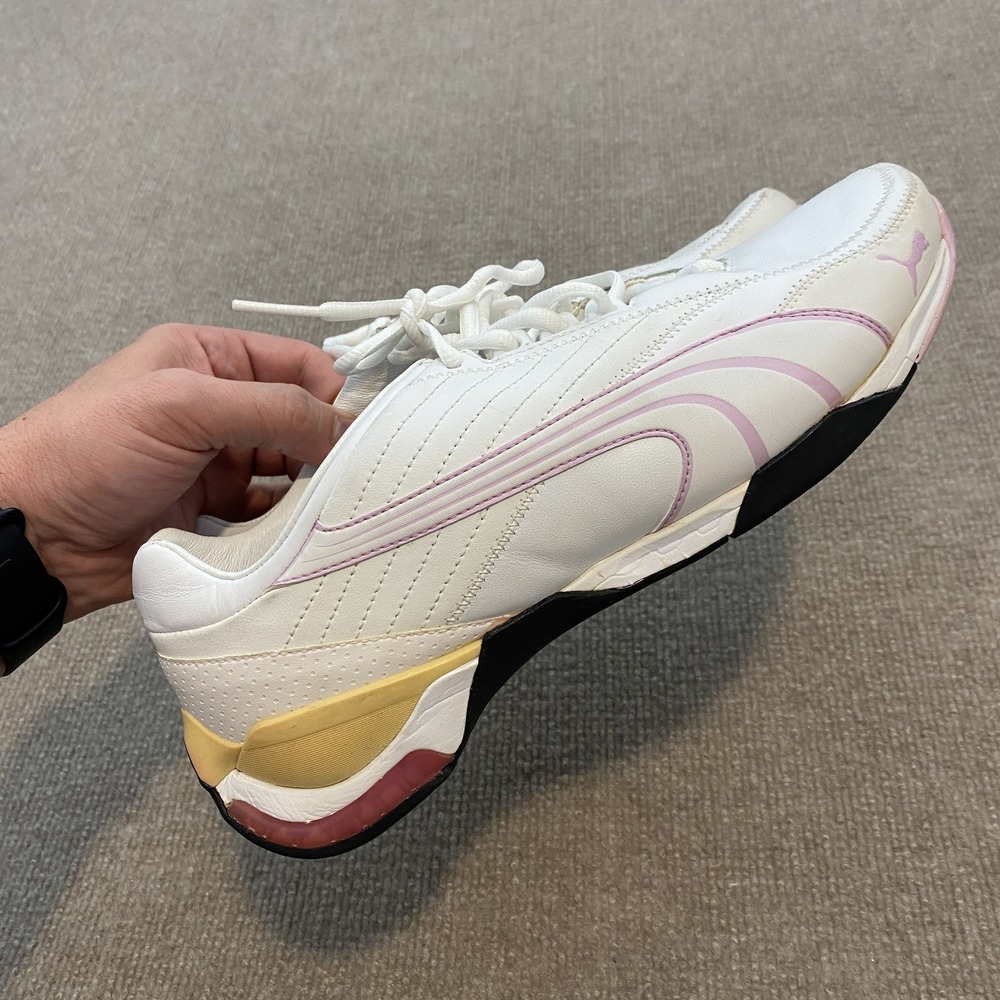Puma Cell Racing Shoes Womens Size 9.5 White Pink‎ Leather Motorsport Sneakers